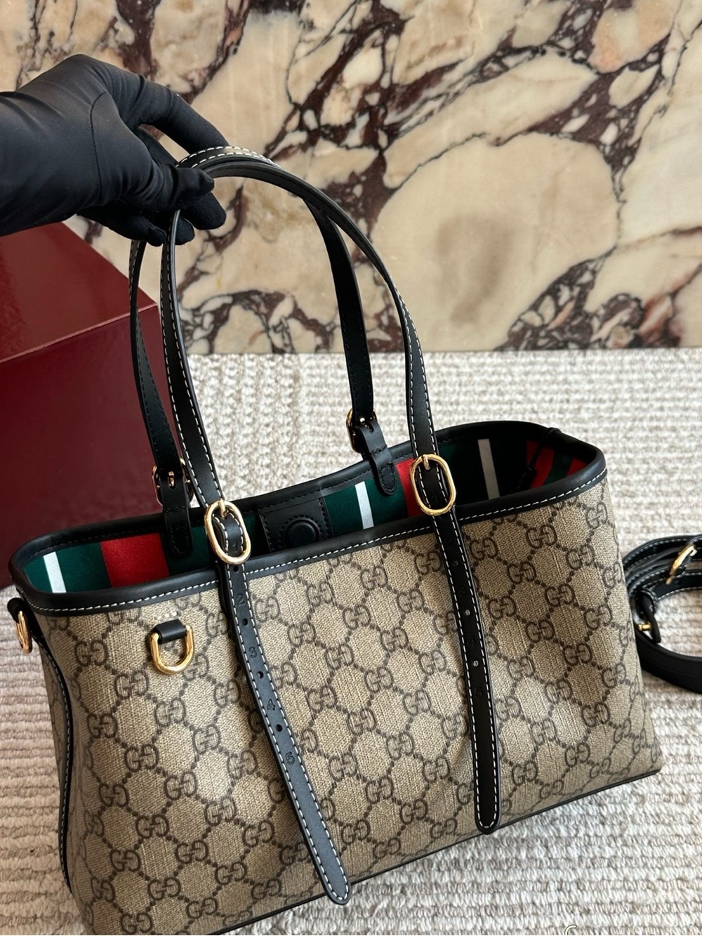 Gucci Beige GG Supreme Canvas Tote with Black Trim and Green-Red Webbing